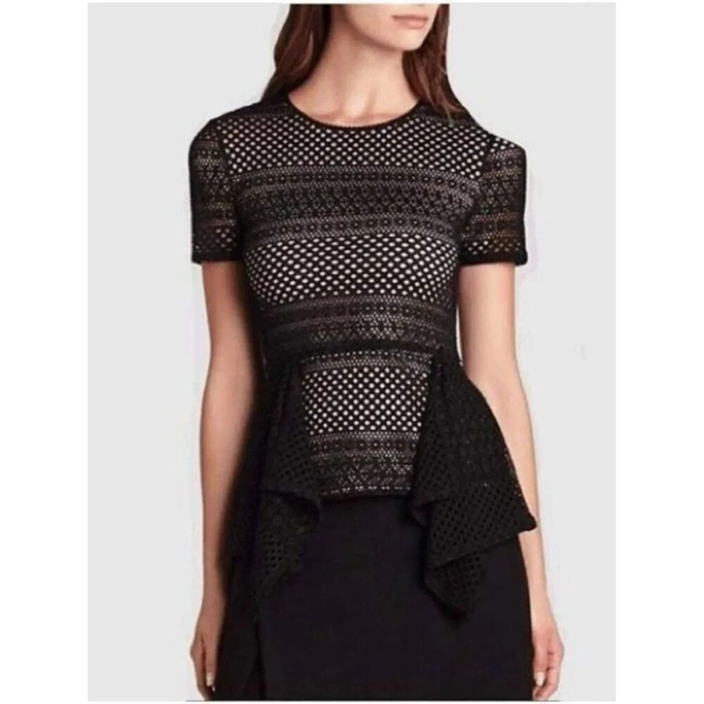 Wmn's BCBG MAXAZRIA "Vicktoria" Black Perforated Asymmetric Peplum Top Blouse S